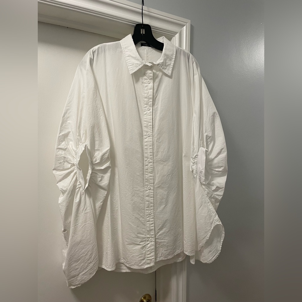 Women’s Trapeze Button Blouse 100% Cotton White - Sz 14 - collar to hem 31.5”